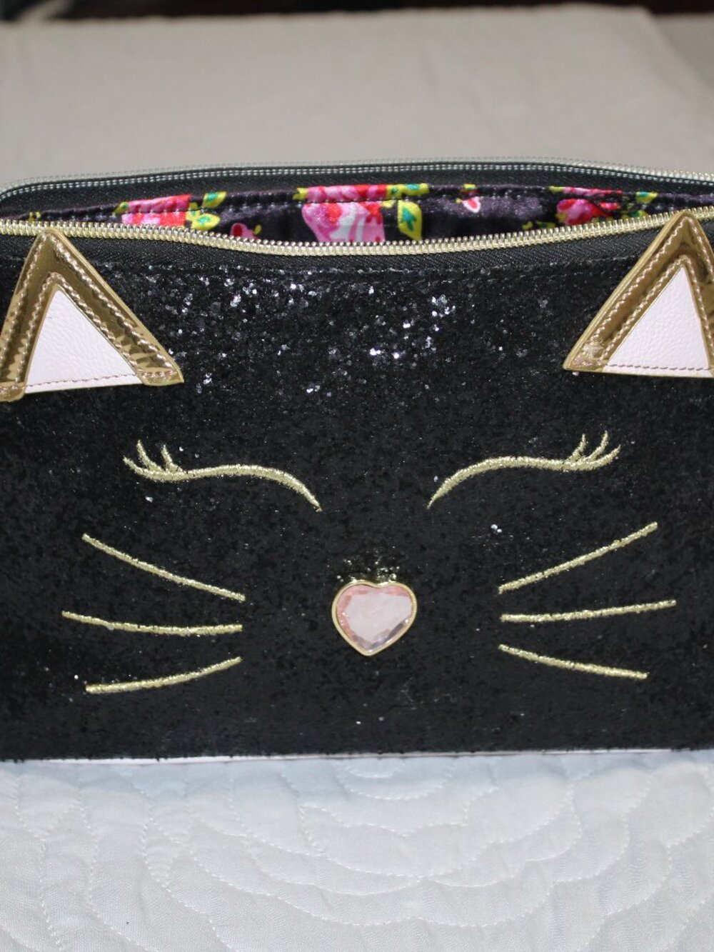 Betsey Johnson Bejeweled Cat Make up Bag Pouch black pink gold